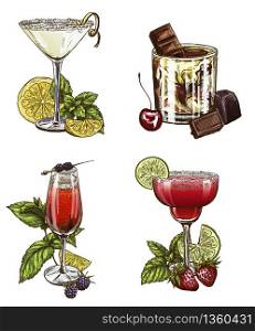 Set of four summer cocktails, vector illustration, color hand drawn sketch