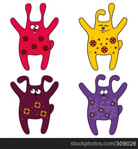 Set of four thick amusing Bunnies of different pattern, cartoon vector illustration