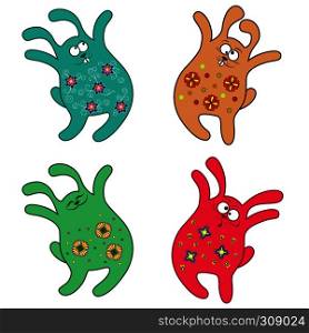 Set of four thick amusing jumping rabbit of different pattern, cartoon vector illustration