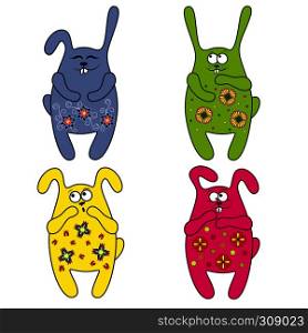 Set of four thick amusing rabbit of different pattern, cartoon vector illustration