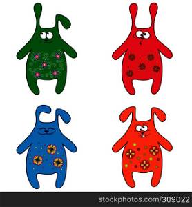 Set of four thick funny rabbit of different pattern, cartoon vector illustration