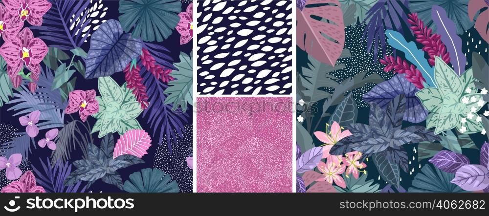 Set of four tropical seamless patterns, hand drawn vector illustration