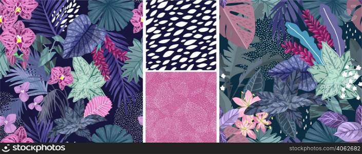 Set of four tropical seamless patterns, hand drawn vector illustration