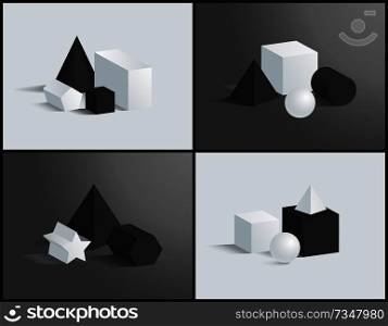 Set of four vector banner with different prisms, illustration with cube and cuboid pentagrammic and pentagonal prisms set, sphere and square pyramid. Set of Four Vector Banner with Different Prisms