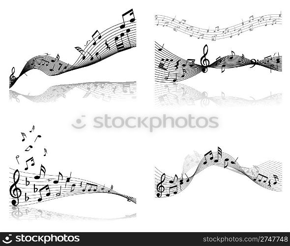 Set of four vector musical notes staff
