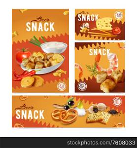 Set of four vertical and horizontal realistic banners with various salty beer snacks crackers cheese prawns isolated vector illustration