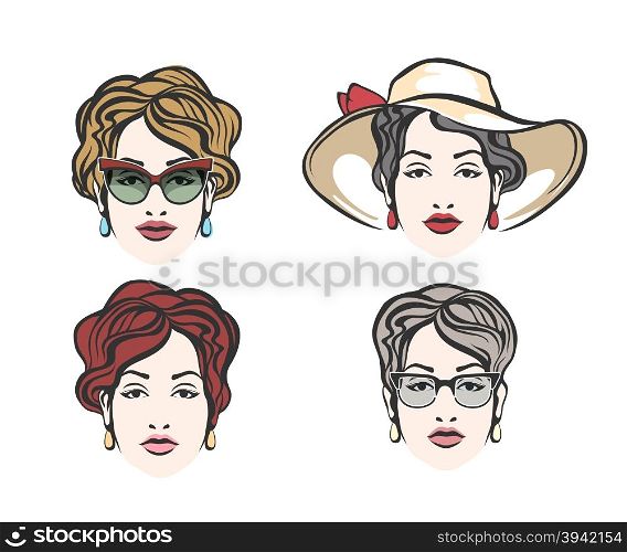 Set of four woman heads with a curly hair and different accessories. Isolated on white