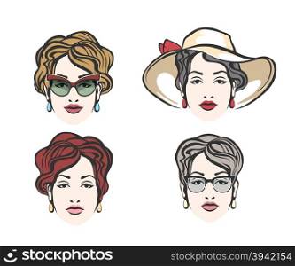 Set of four woman heads with a curly hair and different accessories. Isolated on white
