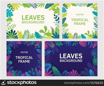 Set of frame template tropical leaves, plants and herbs background in madern flat style for cards, posters, banners