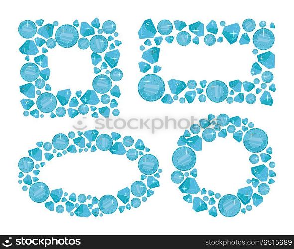 Set of Frames Made of Diamonds.. Set of jewelry frames with space for text. Square and round frames made of blue shiny diamonds. Blue shiny diamonds on on white background. Diamond decoration. Vector illustration in flat.