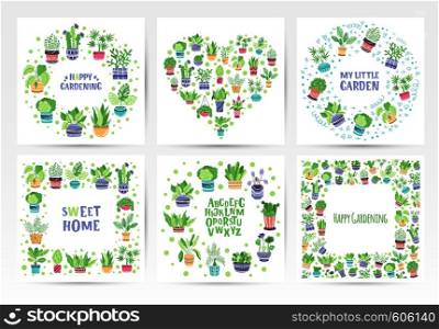 Set of frames of home potted plants or flowers, home garden or greenhouse, place for text, elements on white. Flat style, Scandinavian. Vector illustration. Vector HousePlants Set