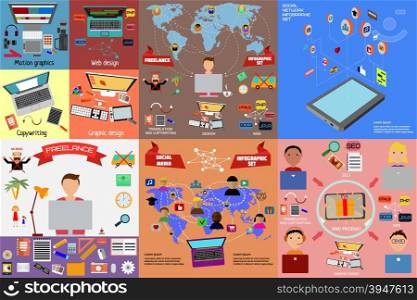Set of freelancers, teamwork and social network infographics and illustrations in flat style.