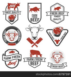 Set of fresh beef labels. Cow meat. Butcher shop. Fresh meat. Design elements for logo, label, emblem, sign, brand mark. Vector illustration.