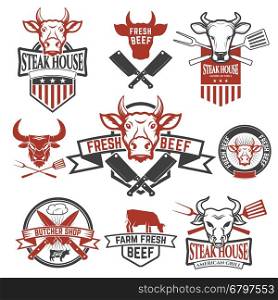 Set of fresh beef labels. Cow meat. Butcher shop. Fresh meat. Design elements for logo, label, emblem, sign, brand mark. Vector illustration.