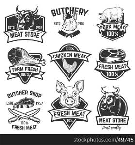 Set of fresh beef labels isolated on white background. Butcher shop. Design elements for logo, label, sign. Vector illustration.