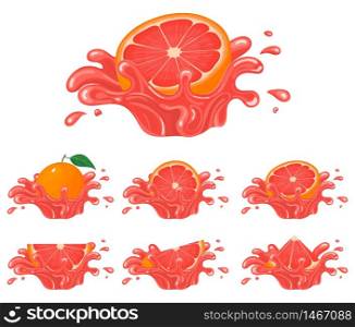 Set of fresh bright grapefruit juice splash burst isolated on white background. Summer fruit juice. Cartoon style. Vector illustration for any design.