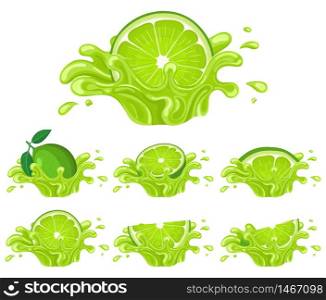 Set of fresh bright lime juice splash burst isolated on white background. Summer fruit juice. Cartoon style. Vector illustration for any design.