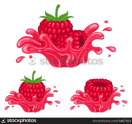 Set of fresh bright raspberry juice splash burst isolated on white background. Summer fruit juice. Cartoon style. Vector illustration for any design.
