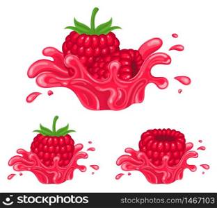 Set of fresh bright raspberry juice splash burst isolated on white background. Summer fruit juice. Cartoon style. Vector illustration for any design.