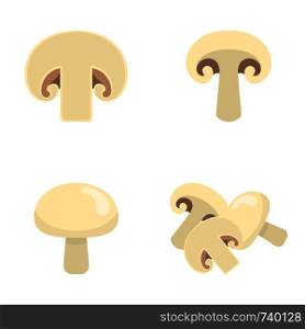 Set of fresh champignons isolated on white background. Mushroom icons for market, recipe design. Organic food. Cartoon style. Vector illustration for design.
