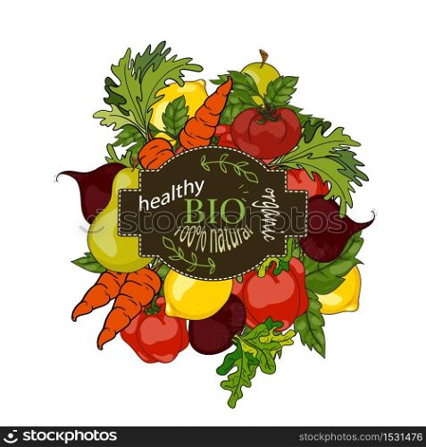 Set of fresh fruits and vegetables with a label of a healthy diet. Vector hand drawn illustration. The concept of a vegetarian menu, farm food, healthy, natural and organic food.. Vector illustration. Set of fresh fruits and vegetables with a label of a healthy diet.