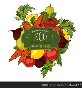 Set of fresh fruits and vegetables with a label of a healthy diet. Vector hand drawn illustration. The concept of a vegetarian menu, farm food, healthy, natural and organic food.