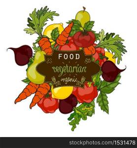 Set of fresh fruits and vegetables with a label of a healthy diet. Vector hand drawn illustration. The concept of a vegetarian menu, farm food, healthy, natural and organic food.