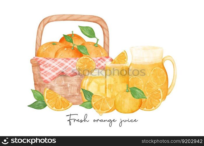 Set of fresh homemade orange juice glass and fruit in basket watercolour illustration vector isolated on white background.