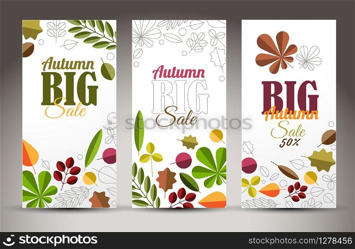 Set of fresh minimalist autumn vertical banners with leafs and sample text