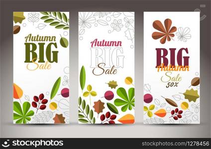 Set of fresh minimalist autumn vertical banners with leafs and sample text