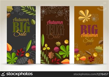 Set of fresh minimalist autumn vertical banners with leafs and sample text - dark version