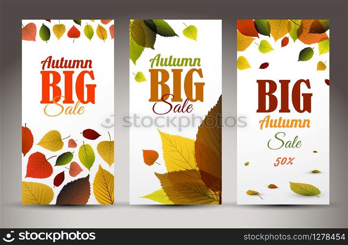 Set of fresh natural fall vertical banners with leafs and sample text