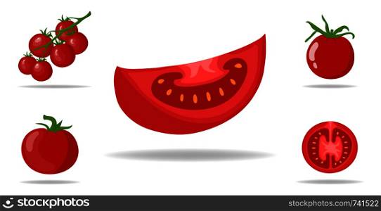 Set of Fresh Red Tomatoes isolated on white background. Branch, Whole, Half and Slice Tomato Icons for Market, Recipe Design. Organic Food. Cartoon Style. Vector illustration for Design, Web.