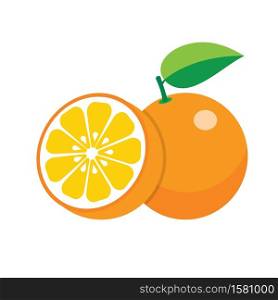 set of fresh ripe oranges with leaves, half of orange. oranges on white background