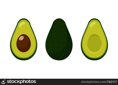 Set of fresh whole and half avocado isolated on white background. Organic food. Cartoon style. Vector illustration for design.