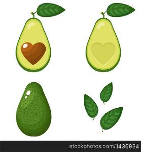 Set of fresh whole, half, cut slice and leaves avocado with heart isolated on white background. Summer fruits for healthy lifestyle. Organic fruit. Cartoon style. Vector illustration for any design.