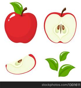 Set of fresh whole, half, cut slice and leaves red apple fruit isolated on white background. Summer fruits for healthy lifestyle. Organic fruit. Cartoon style. Vector illustration for any design.