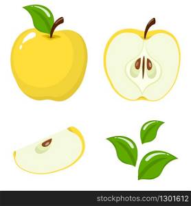 Set of fresh whole, half, cut slice and leaves yellow apple fruit isolated on white background. Summer fruits for healthy lifestyle. Organic fruit. Cartoon style. Vector illustration for any design.