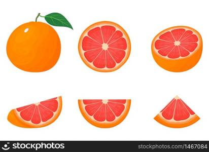 Set of fresh whole, half, cut slice grapefruit fruits isolated on white background. Summer fruits for healthy lifestyle. Organic fruit. Cartoon style. Vector illustration for any design.