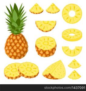 Set of fresh whole, half, cut slice pineapple fruits isolated on white background. Summer fruits for healthy lifestyle. Organic fruit. Cartoon style. Vector illustration for any design.