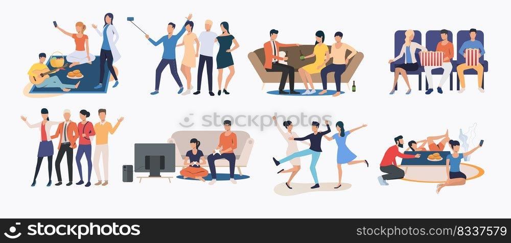 Set of friends spending time together. Group of people enjoying themselves. Happy friends concept. Vector illustration for website, landing page, online store