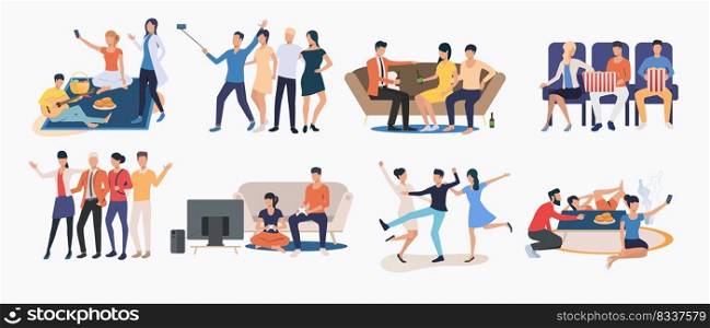 Set of friends spending time together. Group of people enjoying themselves. Happy friends concept. Vector illustration for website, landing page, online store