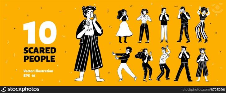 Set of frightened people, scared men and women in shock and panic. Afraid characters isolated on yellow background, vector black and white hand drawn illustration. Set of frightened people, scared men and women