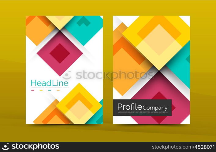 Set of front and back a4 size pages, business annual report design templates. Geometric square shapes backgrounds. Vector illustration