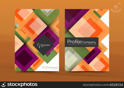 Set of front and back a4 size pages, business annual report design templates. Set of front and back a4 size pages, business annual report design templates. Geometric square shapes backgrounds. Vector illustration