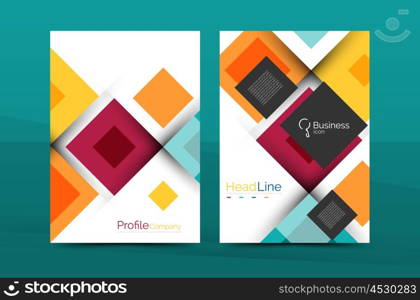 Set of front and back a4 size pages, business annual report design templates. Geometric square shapes backgrounds. Vector illustration