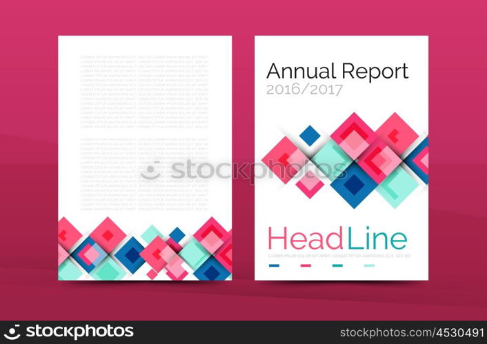 Set of front and back a4 size pages, business annual report design templates. Geometric square shapes backgrounds. Vector illustration