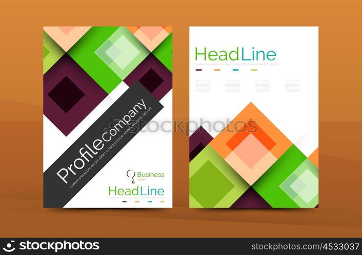 Set of front and back a4 size pages, business annual report design templates. Geometric square shapes backgrounds. Vector illustration