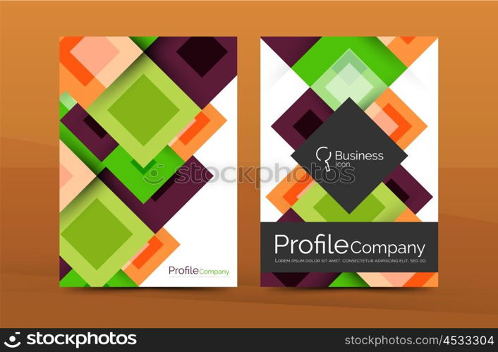 Set of front and back a4 size pages, business annual report design templates. Geometric square shapes backgrounds. Vector illustration