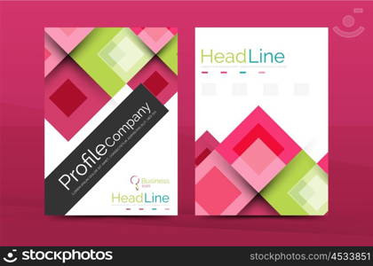 Set of front and back a4 size pages, business annual report design templates. Geometric square shapes backgrounds. Vector illustration